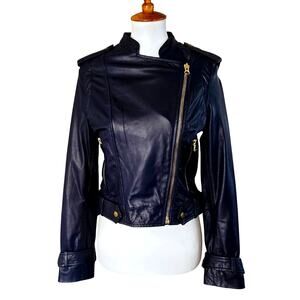 Kookai Paris Genuine Leather Biker Jacket Navy Blue Size 38 New With Tags